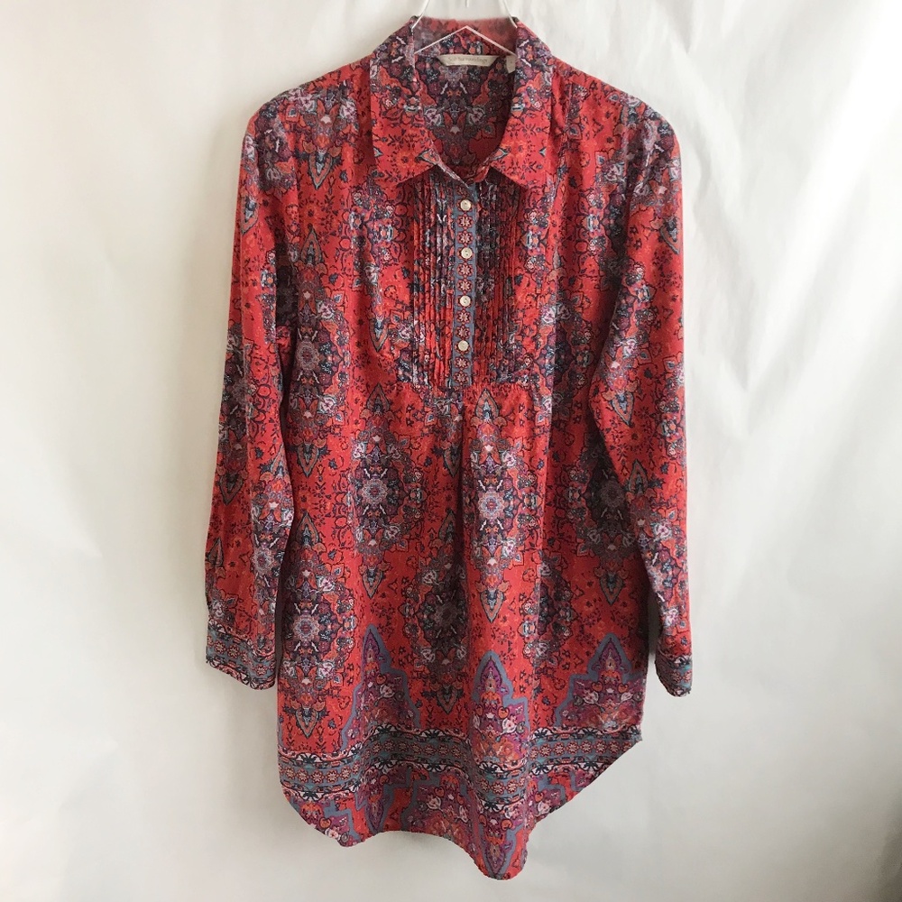 Soft Surroundings Tabitha L Paisley Floral Tunic Top Blouse Red 100% Cotton